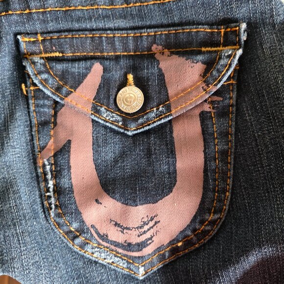 True Religion Jeans Women Denim Straight‎ Leg Pink Logo Pockets Distressed Sz 29 - Picture 8 of 10